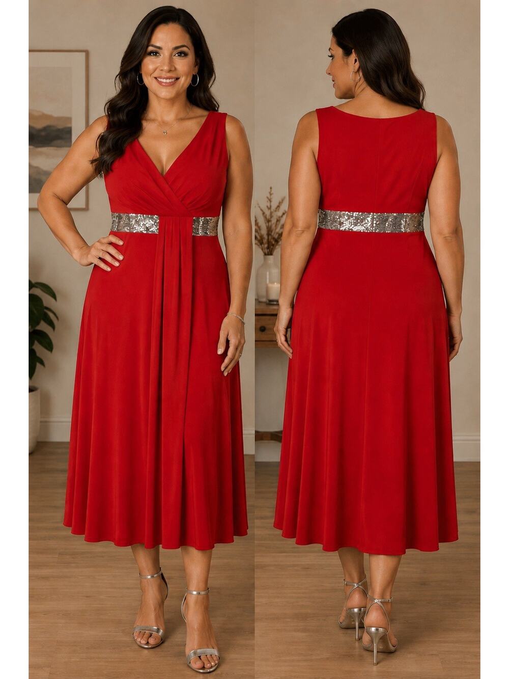 Elegant Sleeveless Evening Dress with Silver Sequin Waist Detail Women 2X